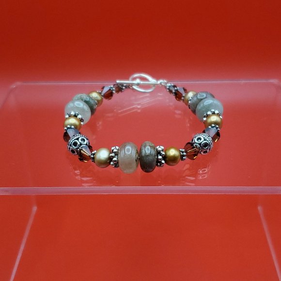7 Inch 925 Sterling Silver Genuine Pearls And Semi Precious Stones Bracelet - Picture 1 of 6